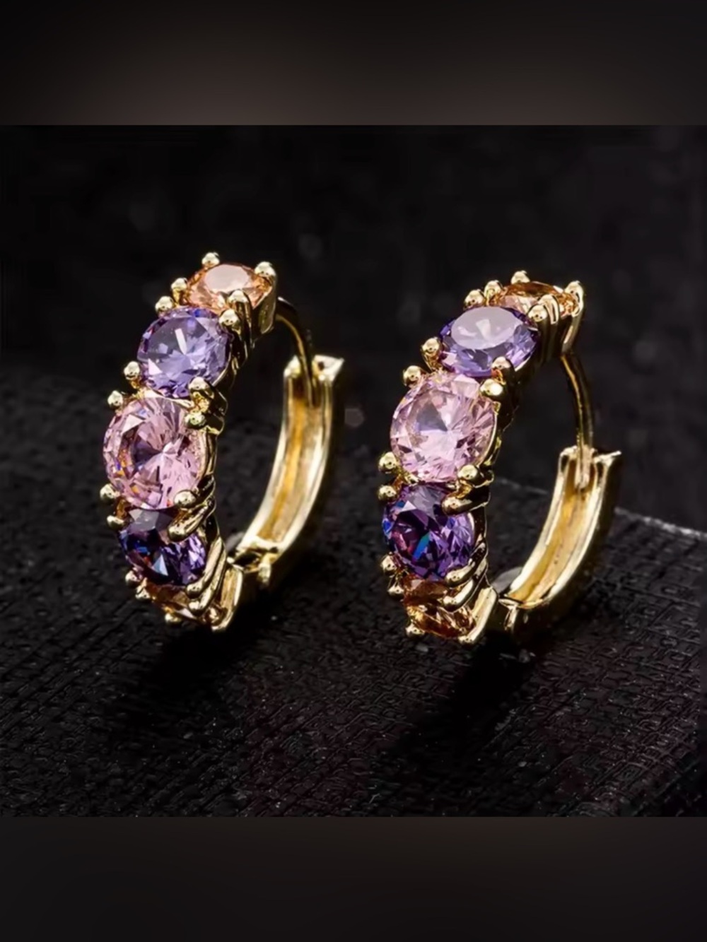 Gold Hoop Earrings with Pink & Purple Stones - Women Jewelry